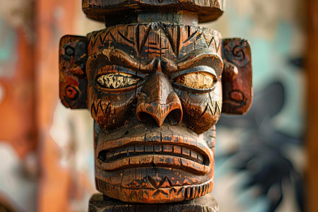 Carved wooden tiki statue depicting a polynesian deity with an angry expression, showcasing the craftsmanship of indigenous culturesの素材