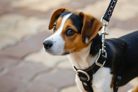 Young beagle puppy exploring the urban environment with its ownerの素材