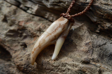 Bear claw necklace with a leather cord is resting on a weathered logの素材