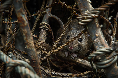 Wild rat is peering out from its hiding place in a pile of rusty metal scrapの素材