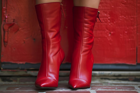 Woman wearing fashionable red leather boots standing in front of a red doorの素材