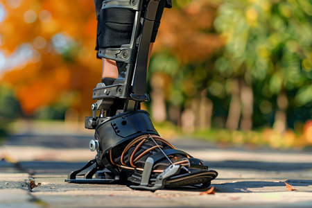 Close up of a modern orthopedic device for leg injuries, helping a patient walk in a parkの素材