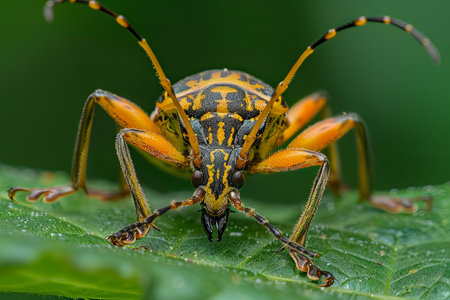 Spotted longhorn beetle with long antennae is standing on a green leafの素材