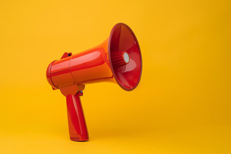 Red megaphone standing on yellow background representing communication and advertisingの素材