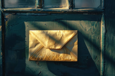 Worn golden envelope is attached to an old green wooden door, bathed in warm sunlightの素材