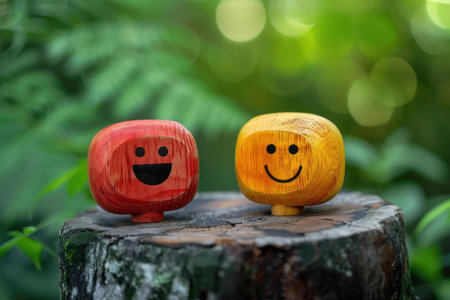 Two colorful wooden toys with smiling faces are resting on a tree stump against a blurred green backgroundの素材