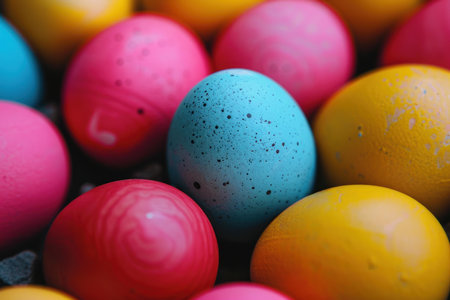Vibrant painted eggs are lying close to each other, creating a cheerful easter atmosphereの素材