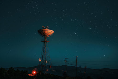Large satellite dish is standing on a metal structure under a beautiful starry nightの素材
