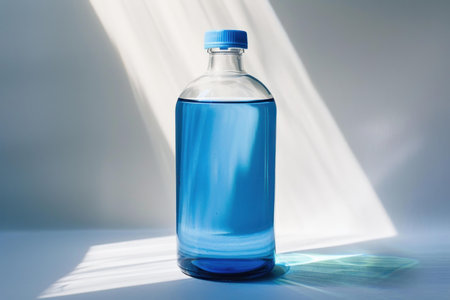 Blue transparent glass bottle filled with blue liquid standing under beams of light on white backgroundの素材