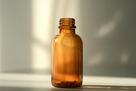 Open brown glass medical bottle standing on white surface with pills insideの素材