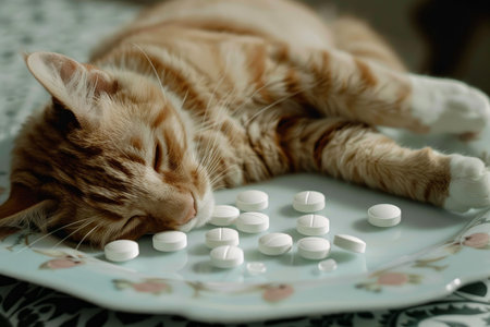 Ginger cat is sleeping on a table with pills, depicting the importance of pet health and medicationの素材