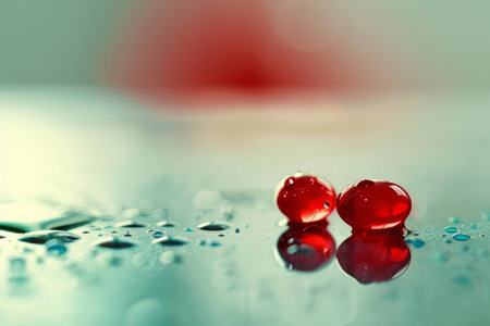 Two red berries covered in water droplets reflecting on a wet surfaceの素材