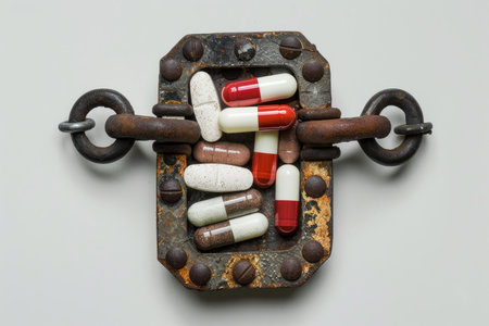 Pills of different colors are locked in a rusty shackle, representing the concept of drug addictionの素材