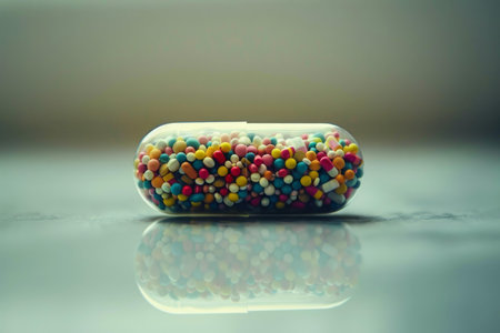 Transparent pill capsule is lying on a reflective surface with colorful contentsの素材