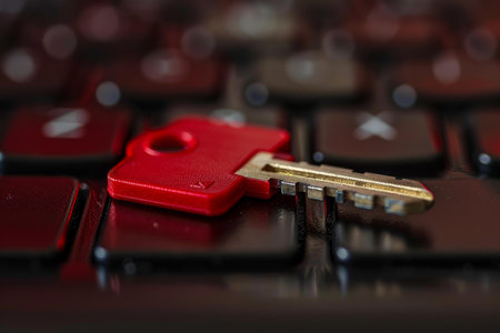 Red key sitting on a black computer keyboard representing cybersecurityの素材