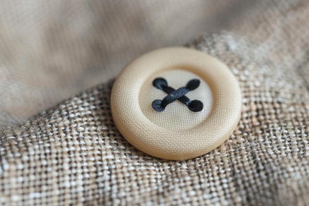 Beige button is sewn to light brown linen fabric with black thread, close upの素材