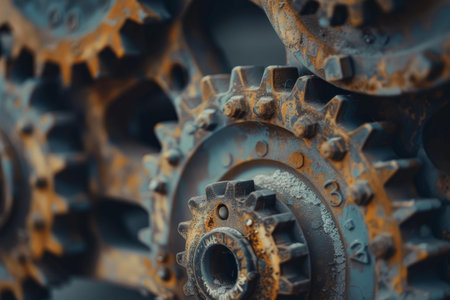 Wall of large, rusty gears interlock, showcasing the power and complexity of industrial machineryの素材