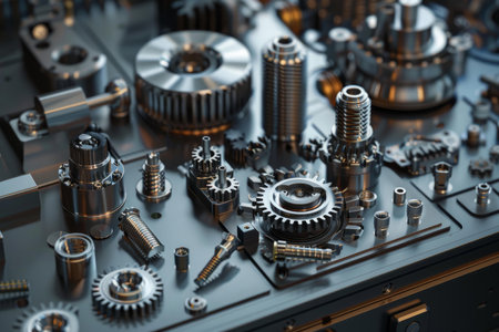 Close up view on a group of metallic gears and cogwheels composing a complex mechanismの素材