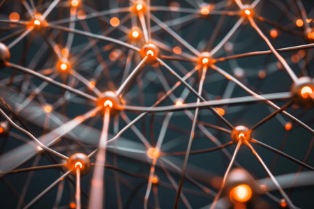 Complex network is communicating with glowing nodes and lines transmitting dataの素材