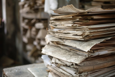 Stack of old newspapers piling up in a dusty room, creating a nostalgic and forgotten atmosphereの素材