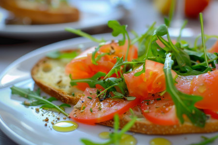 Delicious bruschetta with tomatoes, arugula and spices drizzled with olive oilの素材
