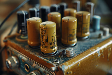 Close up of vintage circuitry showing multiple electrolytic capacitorsの素材