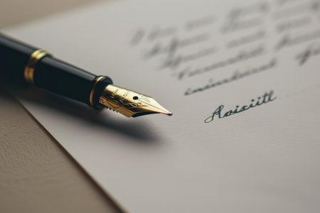 Classic fountain pen is shown resting on a sheet of paper with elegant cursive handwritingの素材