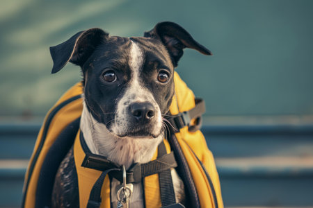 Black and white dog wearing yellow backpack looking ready for an adventureの素材