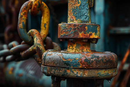 Closeup of an old rusty industrial valve dripping water, with a heavy chain hanging in the background, emphasizing the concept of decay and abandonmentの素材