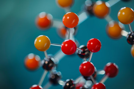 Close up of a molecular model structure with red and yellow spheres connected by metal rods, illustrating the scientific concept of chemical bondingの素材