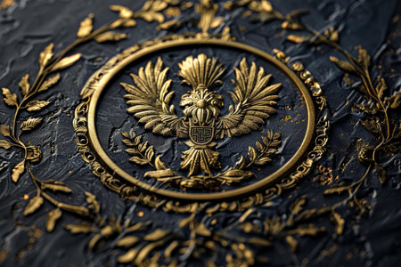 Golden eagle emblem embossed on a textured surface with an intricate floral pattern, creating a sense of luxury and eleganceの素材