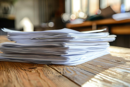 Large stack of papers is sitting on a wooden table, suggesting a lot of work to be doneの素材