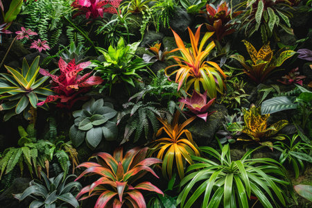 Green wall is covered with ferns and tropical plants, creating a beautiful display of natureの素材
