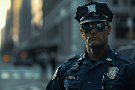 American police officer wearing sunglasses, patrolling a city streetの素材