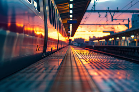 Modern passenger train is reflecting the warm colors of a dramatic sunset while waiting at the station platformの素材