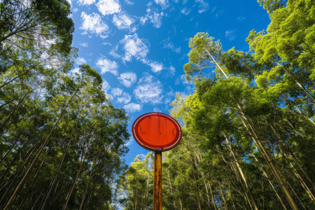 Blank red circle sign is attached to a pole in a forest, surrounded by lush green treesの素材