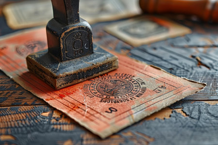 Old rubber stamp sitting on top of a stamped document on a wooden tableの素材