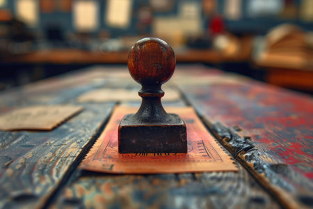 Old wooden and metal stamper standing on top of a vintage ticket in a workshopの素材