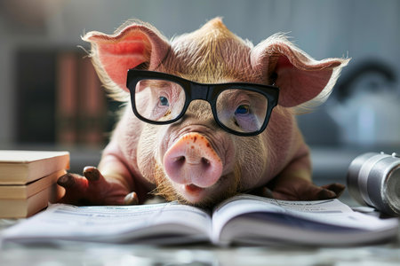 Pig is wearing glasses and reading a book on a table with books and a camera nearbyの素材