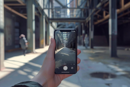 Tourist is holding a smartphone, taking a photo of an industrial buildingの素材