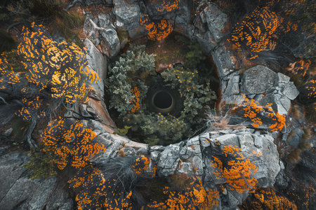 Aerial view of a deep hole surrounded by rocks and vegetation, creating a mysterious and intriguing sceneの素材