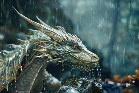 Majestic dragon is taking shelter from the rain in a lush forestの素材