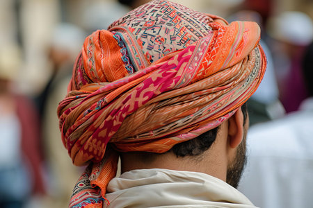 Man wearing a colorful turban is standing in a crowd of peopleの素材
