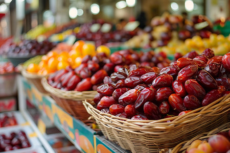 Wicker baskets overflowing with fresh red dates sit on display at a farmers market with a variety of other fruits and vegetablesの素材