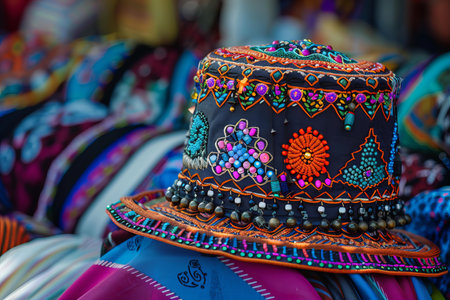 Colorful traditional embroidered hat with beads is displayed on top of clothing at a market stallの素材