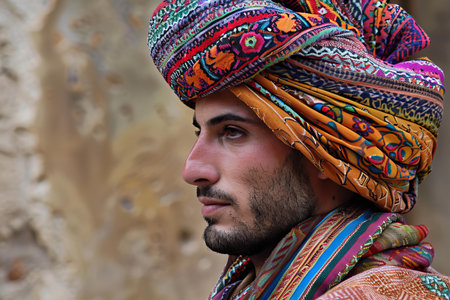 Portrait of a young man wearing a colorful turban looking away from the cameraの素材