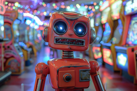 Old toy robot is standing in an arcade full of flashing lightsの素材