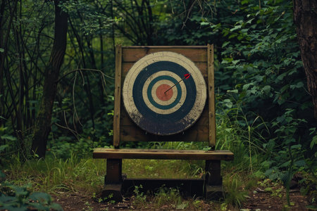 Archery target standing in lush forest with arrow hitting the bullseye, concept of successの素材