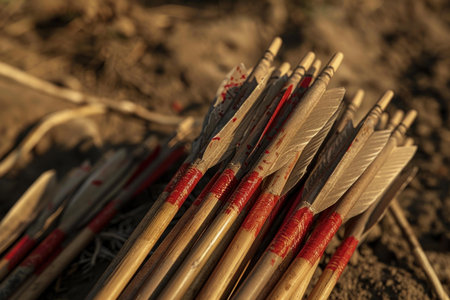 Closeup of many wooden arrows with red markings lying on the groundの素材
