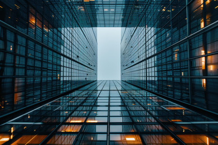 Modern office buildings showing futuristic glass facade reflecting cloudy sky in business districtの素材